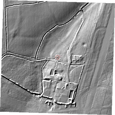 Shaded relief map of the ground around CM166ND, computed from Environment Agency LiDAR. The ground here sits at about 76 m above sea level and falls 15 m across the surrounding 800 m. Surface water reaching this point runs off ground lying to the south-east, 3.0 m higher.