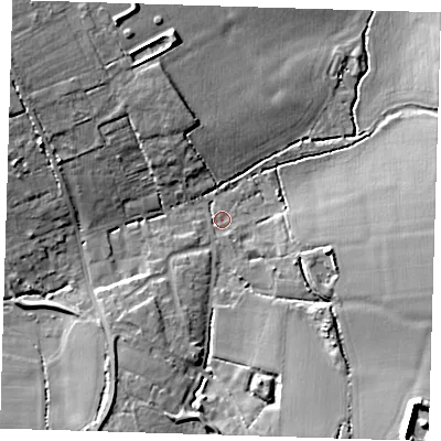 Shaded relief map of the ground around CM166NE, computed from Environment Agency LiDAR. The ground here sits at about 77 m above sea level and falls 15 m across the surrounding 800 m. Surface water reaching this point runs off ground lying to the south-east, 13.3 m higher.