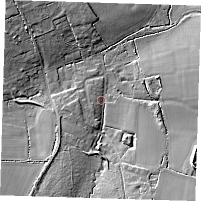 Shaded relief map of the ground around CM166NF, computed from Environment Agency LiDAR. The ground here sits at about 79 m above sea level and falls 16 m across the surrounding 800 m. Surface water reaching this point runs off ground lying to the south-south-east, 10.2 m higher.