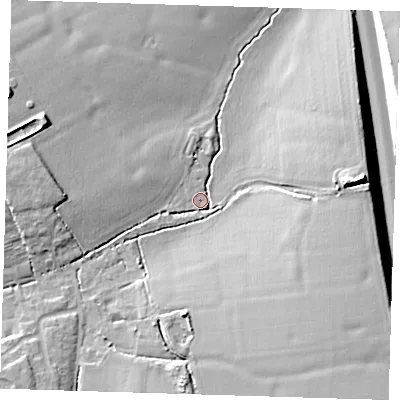 Shaded relief map of the ground around CM166NY, computed from Environment Agency LiDAR. The ground here sits at about 76 m above sea level and falls 13 m across the surrounding 800 m. Surface water reaching this point runs off ground lying to the south-east, 10.3 m higher.