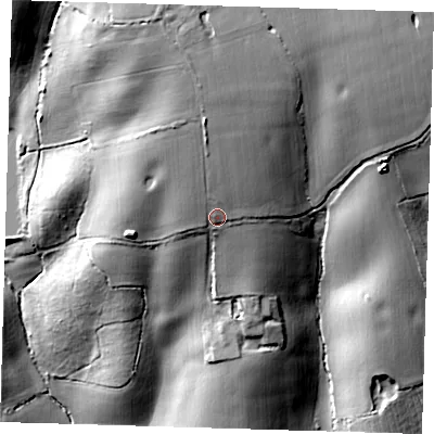 Shaded relief map of the ground around CM166PL, computed from Environment Agency LiDAR. The ground here sits at about 86 m above sea level and falls 44 m across the surrounding 800 m. Surface water reaching this point runs off ground lying to the north, 14.6 m higher.