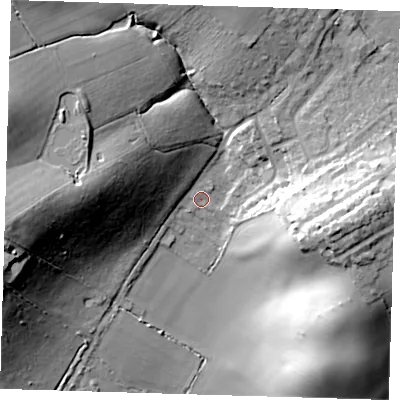 Shaded relief map of the ground around CM167JZ, computed from Environment Agency LiDAR. The ground here sits at about 50 m above sea level and falls 36 m across the surrounding 800 m. Surface water reaching this point runs off ground lying to the west-north-west, 28.0 m higher.