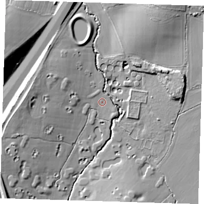 Shaded relief map of the ground around CM167NQ, computed from Environment Agency LiDAR. The ground here sits at about 40 m above sea level and falls 25 m across the surrounding 800 m. Surface water reaching this point runs off ground lying to the west-north-west, 6.3 m higher.