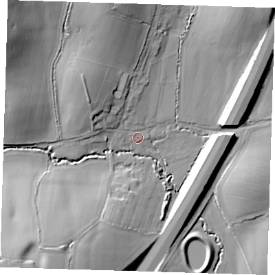 Shaded relief map of the ground around CM167PQ, computed from Environment Agency LiDAR. The ground here sits at about 46 m above sea level and falls 26 m across the surrounding 800 m. Surface water reaching this point runs off ground lying to the north-west, 22.3 m higher.