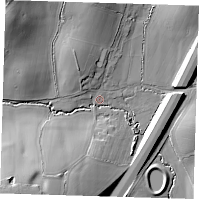 Shaded relief map of the ground around CM167PY, computed from Environment Agency LiDAR. The ground here sits at about 46 m above sea level and falls 30 m across the surrounding 800 m. Surface water reaching this point runs off ground lying to the north-west, 25.1 m higher.