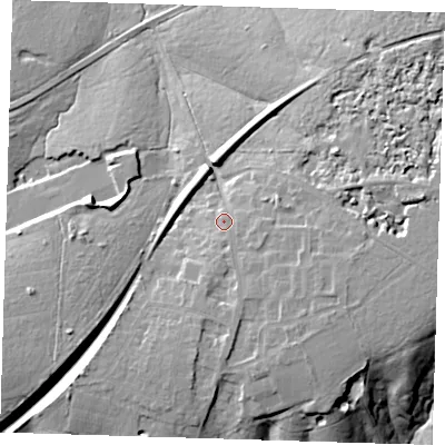 Shaded relief map of the ground around CM167QS, computed from Environment Agency LiDAR. The ground here sits at about 107 m above sea level and falls 23 m across the surrounding 800 m. Surface water reaching this point runs off ground lying to the south-east, 4.3 m higher.