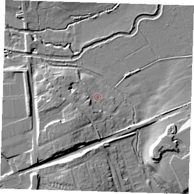 Shaded relief map of the ground around CM170JD, computed from Environment Agency LiDAR. The ground here sits at about 46 m above sea level and falls 18 m across the surrounding 800 m. Surface water reaching this point runs off ground lying to the south-west, 9.0 m higher.
