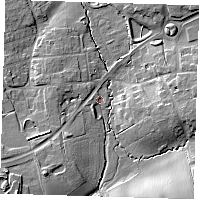 Shaded relief map of the ground around CM170JJ, computed from Environment Agency LiDAR. The ground here sits at about 51 m above sea level and falls 20 m across the surrounding 800 m. Surface water reaching this point runs off ground lying to the south-south-west, 3.9 m higher.