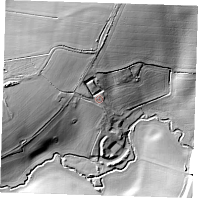 Shaded relief map of the ground around CM170NG, computed from Environment Agency LiDAR. The ground here sits at about 58 m above sea level and falls 28 m across the surrounding 800 m. Surface water reaching this point runs off ground lying to the north, 9.7 m higher.