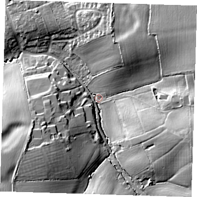 Shaded relief map of the ground around CM170NJ, computed from Environment Agency LiDAR. The ground here sits at about 57 m above sea level and falls 26 m across the surrounding 800 m. Surface water reaching this point runs off ground lying to the east-north-east, 22.6 m higher.