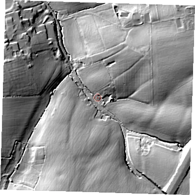 Shaded relief map of the ground around CM170NL, computed from Environment Agency LiDAR. The ground here sits at about 63 m above sea level and falls 27 m across the surrounding 800 m. Surface water reaching this point runs off ground lying to the east-north-east, 20.7 m higher.
