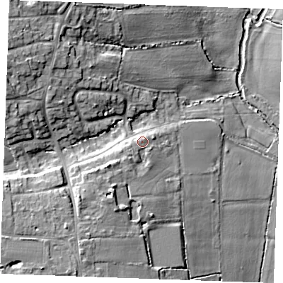 Shaded relief map of the ground around CM17BQ, computed from Environment Agency LiDAR. The ground here sits at about 36 m above sea level and falls 18 m across the surrounding 800 m. Surface water reaching this point runs off ground lying to the south-west, 6.4 m higher.