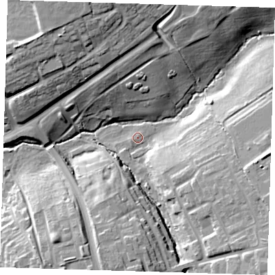 Shaded relief map of the ground around CM186YL, computed from Environment Agency LiDAR. The ground here sits at about 50 m above sea level and falls 22 m across the surrounding 800 m. Surface water reaching this point runs off ground lying to the south-east, 18.2 m higher.