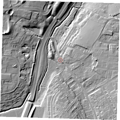 Shaded relief map of the ground around CM194HU, computed from Environment Agency LiDAR. The ground here sits at about 52 m above sea level and falls 21 m across the surrounding 800 m. Surface water reaching this point runs off ground lying to the east, 6.5 m higher.
