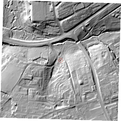 Shaded relief map of the ground around CM194LL, computed from Environment Agency LiDAR. The ground here sits at about 49 m above sea level and falls 23 m across the surrounding 800 m. Surface water reaching this point runs off ground lying to the south-south-west, 16.1 m higher.