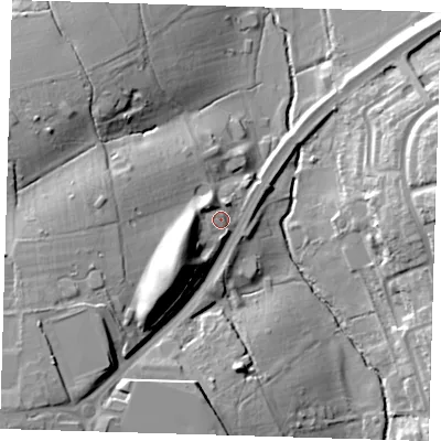 Shaded relief map of the ground around CM195BE, computed from Environment Agency LiDAR. The ground here sits at about 48 m above sea level and falls 29 m across the surrounding 800 m. Surface water reaching this point runs off ground lying to the south-west, 17.1 m higher.