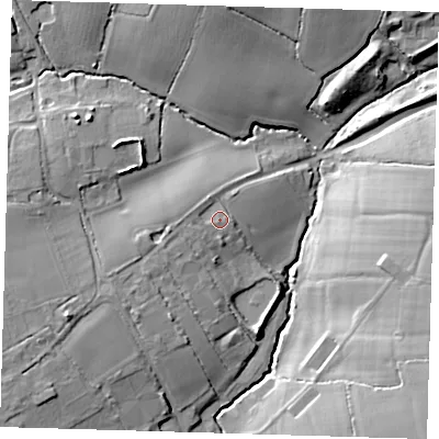 Shaded relief map of the ground around CM195DR, computed from Environment Agency LiDAR. The ground here sits at about 65 m above sea level and falls 19 m across the surrounding 800 m. Surface water reaching this point runs off ground lying to the west-south-west, 3.6 m higher.