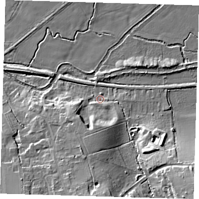 Shaded relief map of the ground around CM195EF, computed from Environment Agency LiDAR. The ground here sits at about 33 m above sea level and falls 22 m across the surrounding 800 m. Surface water reaching this point runs off ground lying to the south, 14.3 m higher.