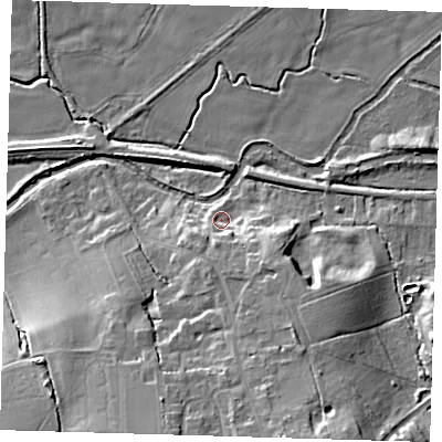 Shaded relief map of the ground around CM195EG, computed from Environment Agency LiDAR. The ground here sits at about 33 m above sea level and falls 19 m across the surrounding 800 m. Surface water reaching this point runs off ground lying to the south-east, 7.7 m higher.