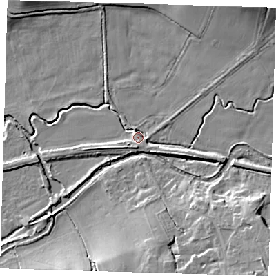 Shaded relief map of the ground around CM195EH, computed from Environment Agency LiDAR. The ground here sits at about 32 m above sea level and falls 14 m across the surrounding 800 m. Surface water reaching this point runs off ground lying to the north-east, 5.2 m higher.