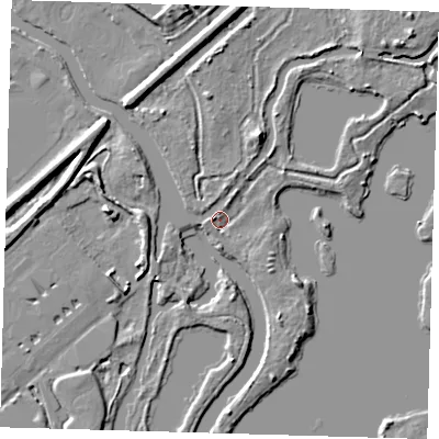 Shaded relief map of the ground around CM195EX, computed from Environment Agency LiDAR. The ground here sits at about 28 m above sea level and falls 7 m across the surrounding 800 m. Surface water reaching this point runs off ground lying to the west, 2.5 m higher.