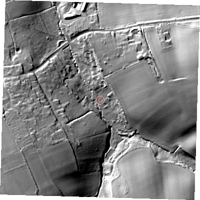 Shaded relief map of the ground around CM195FZ, computed from Environment Agency LiDAR. The ground here sits at about 41 m above sea level and falls 30 m across the surrounding 800 m. Surface water reaching this point runs off ground lying to the south-south-west, 23.1 m higher.