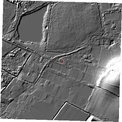Shaded relief map of the ground around CM195JR, computed from Environment Agency LiDAR. The ground here sits at about 28 m above sea level and falls 27 m across the surrounding 800 m. Surface water reaching this point runs off ground lying to the west-north-west, 0.9 m higher.