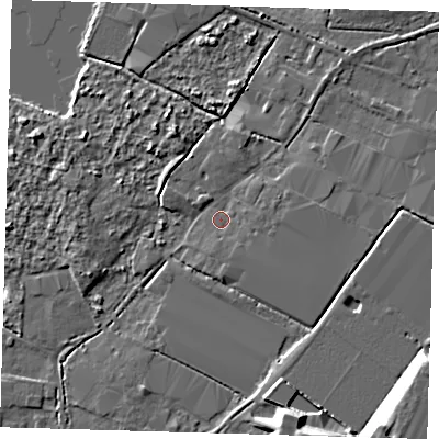 Shaded relief map of the ground around CM195JS, computed from Environment Agency LiDAR. The ground here sits at about 27 m above sea level and falls 11 m across the surrounding 800 m. Surface water reaching this point runs off ground lying to the east, 1.8 m higher.