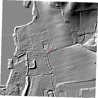 Shaded relief map of the ground around CM195JW, computed from Environment Agency LiDAR. The ground here sits at about 28 m above sea level and falls 31 m across the surrounding 800 m. Surface water reaching this point runs off ground lying to the east-north-east, 1.2 m higher.
