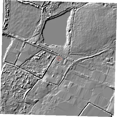 Shaded relief map of the ground around CM195JX, computed from Environment Agency LiDAR. The ground here sits at about 27 m above sea level and falls 6 m across the surrounding 800 m. Surface water reaching this point runs off ground lying to the east-south-east, 2.4 m higher.