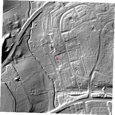 Shaded relief map of the ground around CM201SR, computed from Environment Agency LiDAR. The ground here sits at about 45 m above sea level and falls 27 m across the surrounding 800 m. Surface water reaching this point runs off ground lying to the north-north-east, 8.3 m higher.