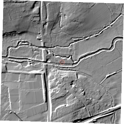 Shaded relief map of the ground around CM202AD, computed from Environment Agency LiDAR. The ground here sits at about 43 m above sea level and falls 16 m across the surrounding 800 m. Surface water reaching this point runs off ground lying to the south, 15.1 m higher.
