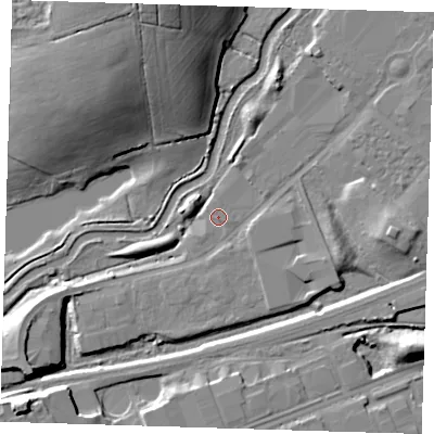 Shaded relief map of the ground around CM202DL, computed from Environment Agency LiDAR. The ground here sits at about 41 m above sea level and falls 20 m across the surrounding 800 m. Surface water reaching this point runs off ground lying to the south-west, 13.1 m higher.