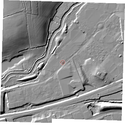 Shaded relief map of the ground around CM202DW, computed from Environment Agency LiDAR. The ground here sits at about 42 m above sea level and falls 21 m across the surrounding 800 m. Surface water reaching this point runs off ground lying to the east-south-east, 6.8 m higher.
