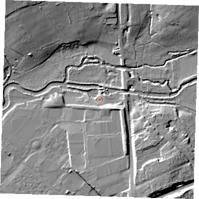 Shaded relief map of the ground around CM202EP, computed from Environment Agency LiDAR. The ground here sits at about 43 m above sea level and falls 17 m across the surrounding 800 m. Surface water reaching this point runs off ground lying to the east-south-east, 8.8 m higher.