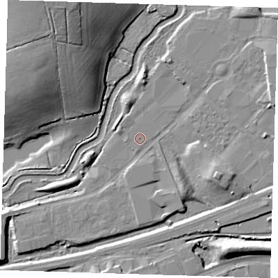 Shaded relief map of the ground around CM202ES, computed from Environment Agency LiDAR. The ground here sits at about 41 m above sea level and falls 22 m across the surrounding 800 m. Surface water reaching this point runs off ground lying to the west-north-west, 0.7 m higher.