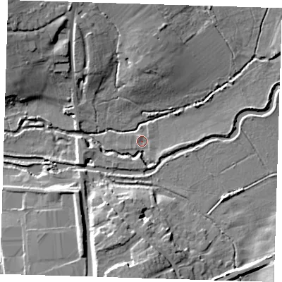 Shaded relief map of the ground around CM202HE, computed from Environment Agency LiDAR. The ground here sits at about 42 m above sea level and falls 15 m across the surrounding 800 m. Surface water reaching this point runs off ground lying to the south-south-east, 0.9 m higher.