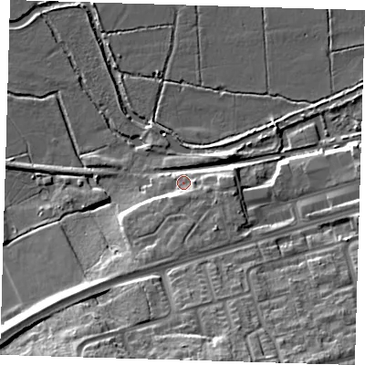 Shaded relief map of the ground around CM202HP, computed from Environment Agency LiDAR. The ground here sits at about 40 m above sea level and falls 21 m across the surrounding 800 m. Surface water reaching this point runs off ground lying to the south, 6.7 m higher.