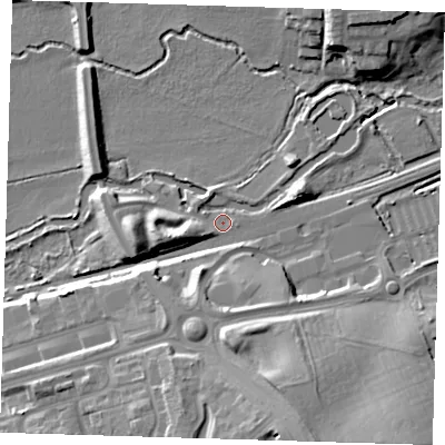 Shaded relief map of the ground around CM202PS, computed from Environment Agency LiDAR. The ground here sits at about 39 m above sea level and falls 21 m across the surrounding 800 m. Surface water reaching this point runs off ground lying to the west-south-west, 4.4 m higher.