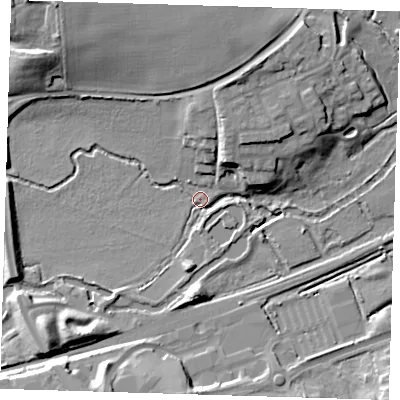 Shaded relief map of the ground around CM202QS, computed from Environment Agency LiDAR. The ground here sits at about 38 m above sea level and falls 17 m across the surrounding 800 m. Surface water reaching this point runs off ground lying to the north-north-east, 12.5 m higher.