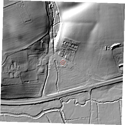 Shaded relief map of the ground around CM202QX, computed from Environment Agency LiDAR. The ground here sits at about 39 m above sea level and falls 25 m across the surrounding 800 m. Surface water reaching this point runs off ground lying to the north-north-east, 11.4 m higher.