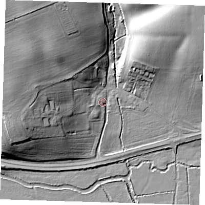 Shaded relief map of the ground around CM202QY, computed from Environment Agency LiDAR. The ground here sits at about 39 m above sea level and falls 25 m across the surrounding 800 m. Surface water reaching this point runs off ground lying to the north-west, 22.1 m higher.