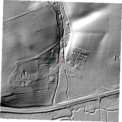 Shaded relief map of the ground around CM202QZ, computed from Environment Agency LiDAR. The ground here sits at about 39 m above sea level and falls 26 m across the surrounding 800 m. Surface water reaching this point runs off ground lying to the north-east, 23.2 m higher.