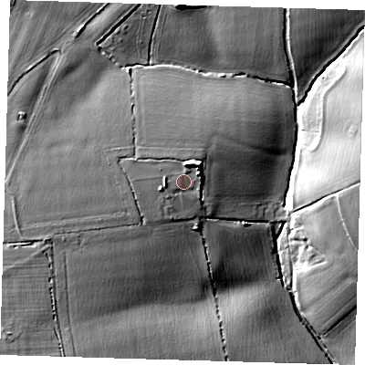 Shaded relief map of the ground around CM202RA, computed from Environment Agency LiDAR. The ground here sits at about 68 m above sea level and falls 22 m across the surrounding 800 m. Surface water reaching this point runs off ground lying to the west-south-west, 3.0 m higher.