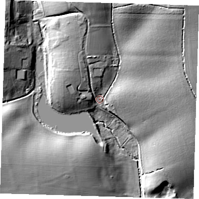 Shaded relief map of the ground around CM202RF, computed from Environment Agency LiDAR. The ground here sits at about 48 m above sea level and falls 23 m across the surrounding 800 m. Surface water reaching this point runs off ground lying to the north-east, 16.8 m higher.