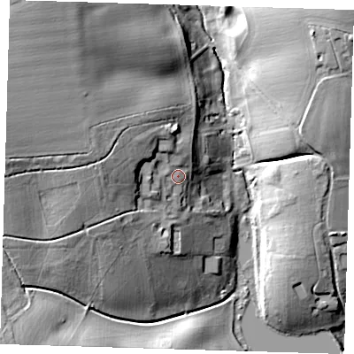 Shaded relief map of the ground around CM202RG, computed from Environment Agency LiDAR. The ground here sits at about 58 m above sea level and falls 27 m across the surrounding 800 m. Surface water reaching this point runs off ground lying to the west-north-west, 8.3 m higher.