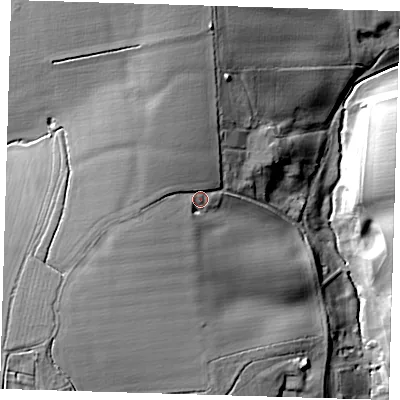 Shaded relief map of the ground around CM202RJ, computed from Environment Agency LiDAR. The ground here sits at about 67 m above sea level and falls 26 m across the surrounding 800 m. Surface water reaching this point runs off ground lying to the west, 5.9 m higher.