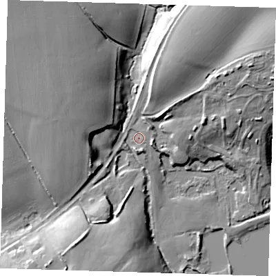 Shaded relief map of the ground around CM202RP, computed from Environment Agency LiDAR. The ground here sits at about 43 m above sea level and falls 25 m across the surrounding 800 m. Surface water reaching this point runs off ground lying to the north-west, 20.0 m higher.