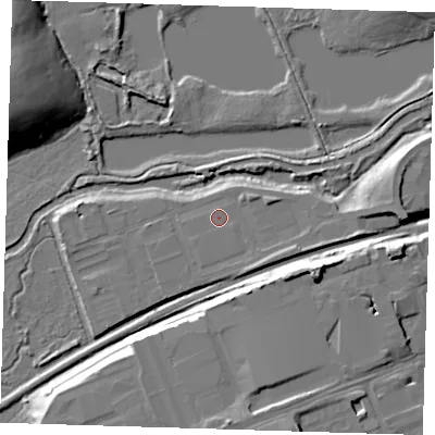 Shaded relief map of the ground around CM202SE, computed from Environment Agency LiDAR. The ground here sits at about 42 m above sea level and falls 20 m across the surrounding 800 m. Surface water reaching this point runs off ground lying to the south-east, 0.5 m higher.