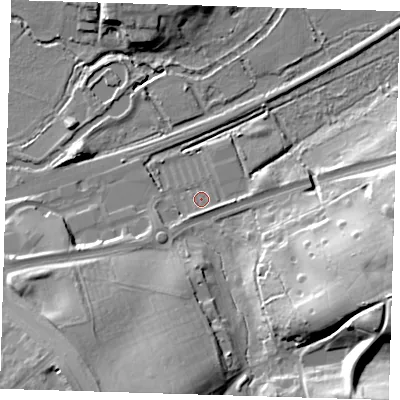 Shaded relief map of the ground around CM202UB, computed from Environment Agency LiDAR. The ground here sits at about 40 m above sea level and falls 27 m across the surrounding 800 m. Surface water reaching this point runs off ground lying to the south-east, 2.1 m higher.